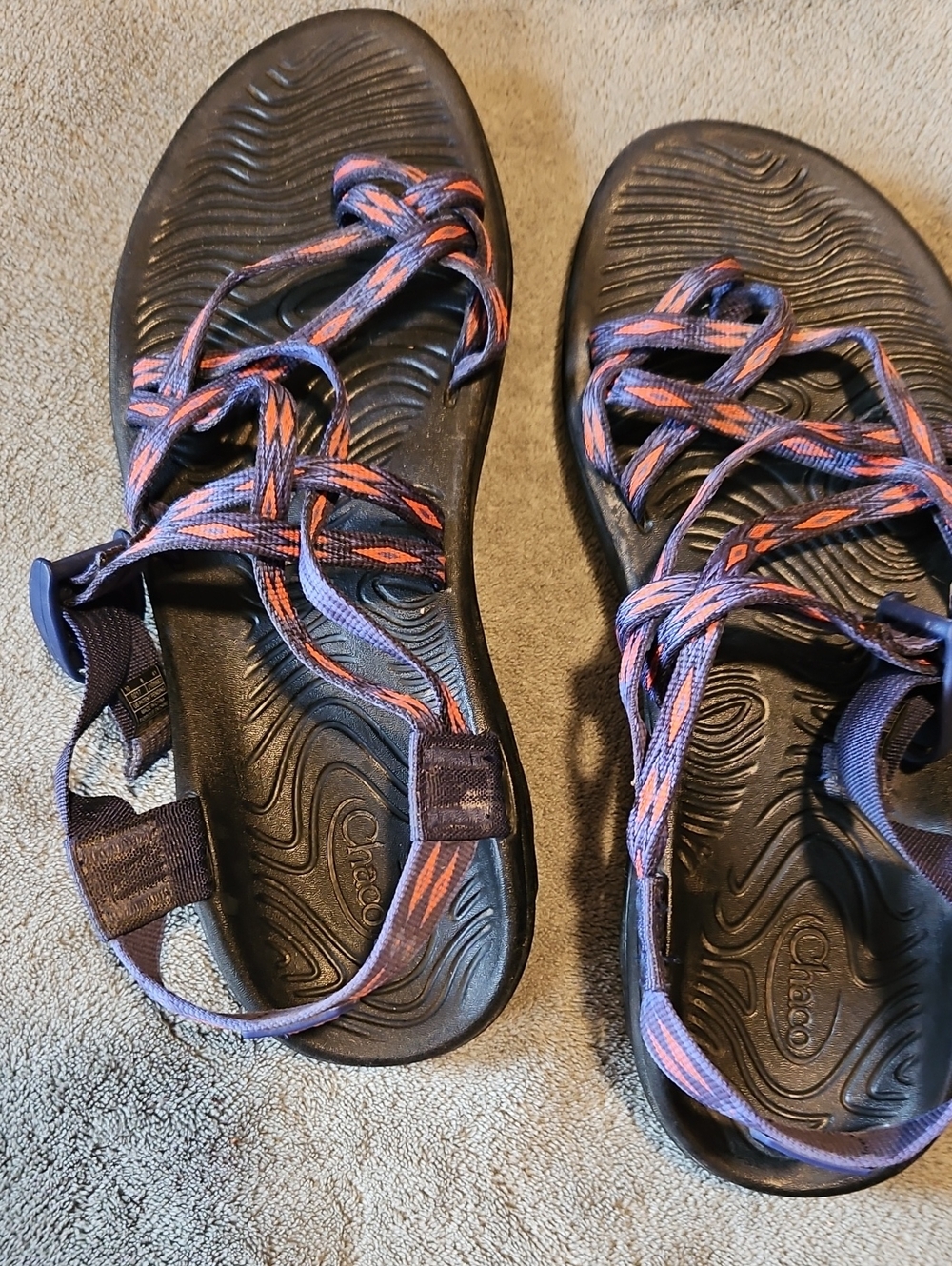 Chaco Strappy Sandals in Navy with Coral Accents.